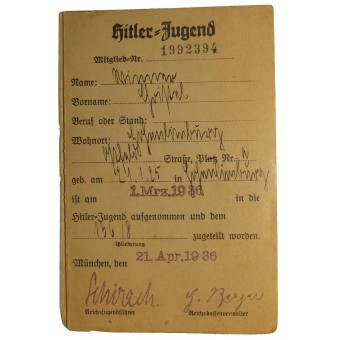Hitler Jugend Mitglied Karte Nr.: 1992394.. Espenlaub militaria